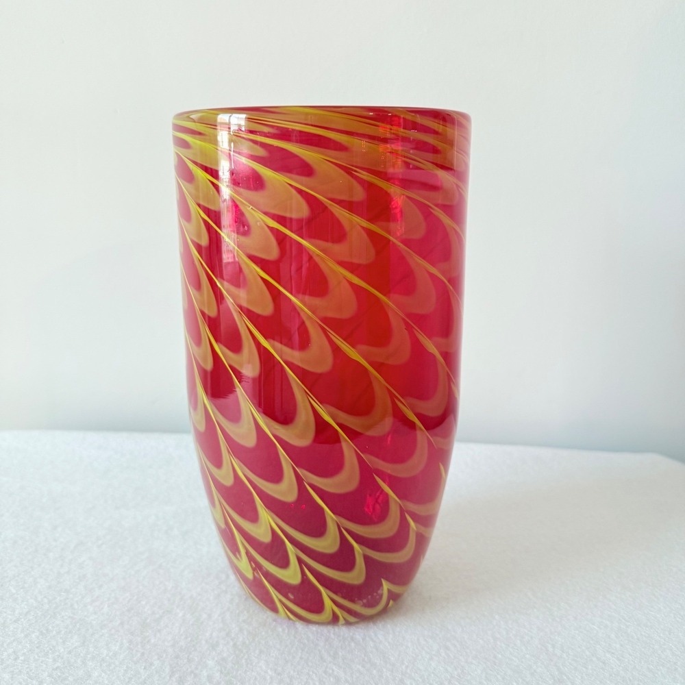 Hand Blown Art Glass Vase Red Yellow Swirl 10in Ground Pontil MCM Decor